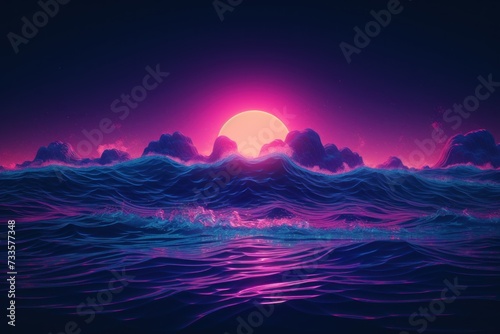 Synthwave sunset  landscape  80 s retro synthwave color design ocean wave