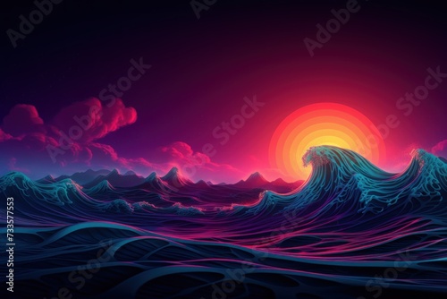 Synthwave sunset, landscape, 80's retro synthwave color design ocean wave