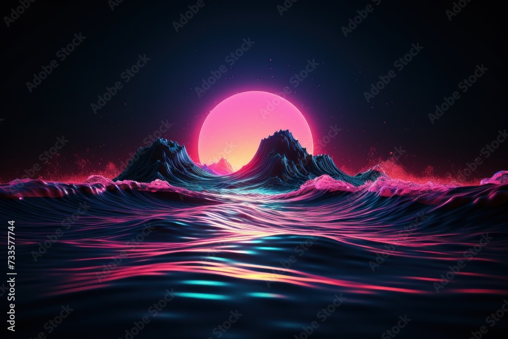 Synthwave sunset, landscape, 80's retro synthwave color design ocean wave - obrazy, fototapety, plakaty 