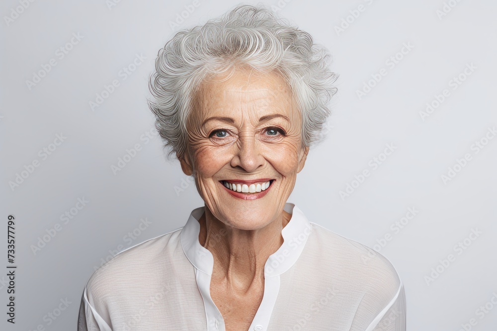 Portrait of a happy senior woman smiling at camera over grey background Portrait of a happy senior woman smiling at camera over grey background