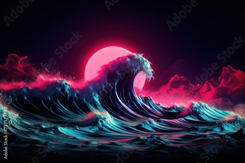 Synthwave sunset, landscape, 80's retro synthwave color design ocean wave