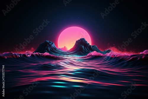 Synthwave sunset, landscape, 80's retro synthwave color design ocean wave photo