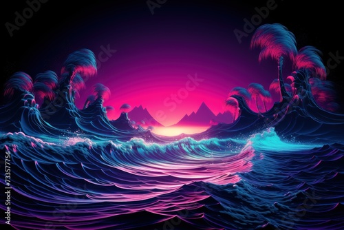 Synthwave sunset, landscape, 80's retro synthwave color design ocean wave