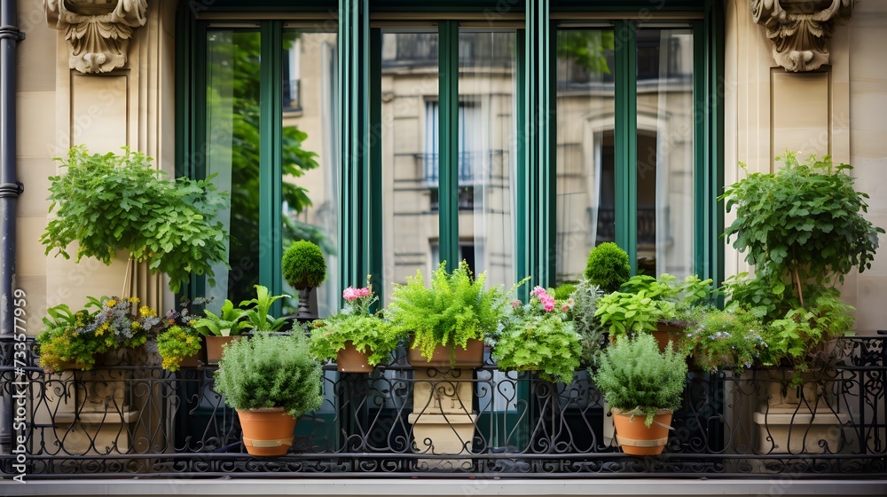 Window doors and french balcony decorated with three green potted plants