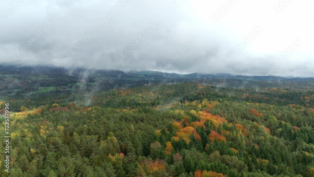 Autumn Forest With Clouds And Fog - Aerial Drone Shot Autumn Forest With Clouds And Fog - Aerial Drone Shot