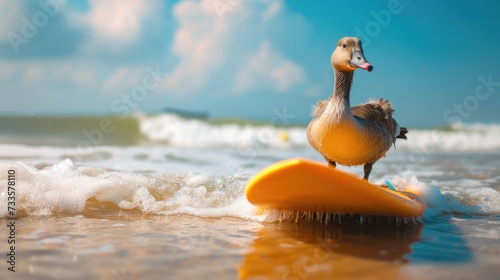 A cute goose surfer enjoys a fun-filled summer day at the beach, riding waves with enthusiasm, Ai Generated.