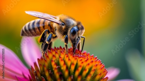 Beautiful honey bee on a flower, close-up macro shot captures intricate details, Ai Generated.