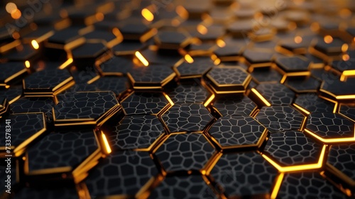 Abstract allure of a golden honeycomb on a black backdrop, radiating elegance and richness, Ai Generated.