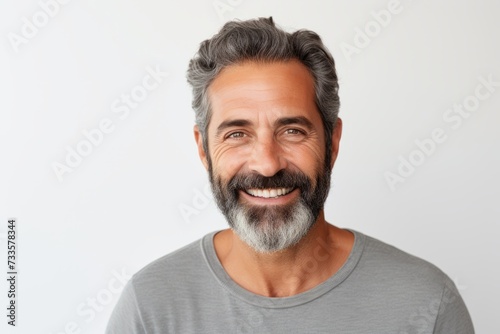 Portrait of handsome middle-aged man with gray hair and beard looking at camera and smiling while standing against grey background