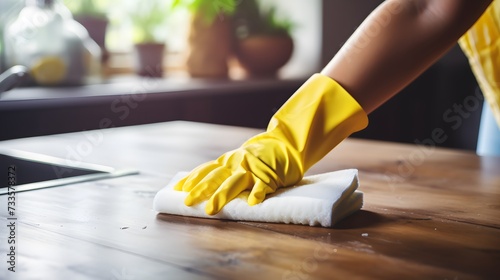 Woman hands in rubber gloves dusting wooden table, kitchen room interior. Cleaning home concept. photo