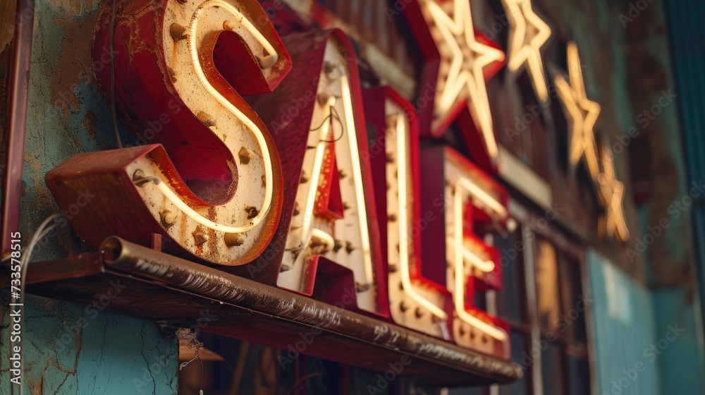 Sale sign adorned with a star and vibrant neon lights grabs attention, Ai Generated. Sale sign adorned with a star and vibrant neon lights grabs attention, Ai Generated.