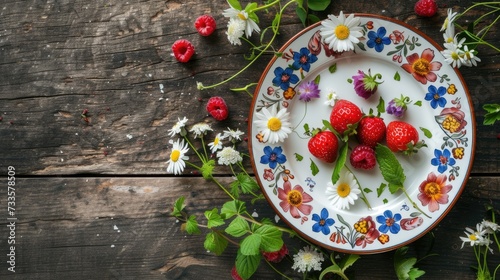 Vibrant plate adorned with flowers and berries sits atop rustic wooden table, Ai Generated.