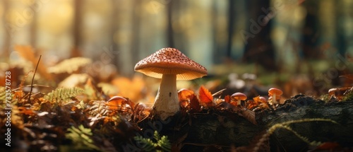 Close-up shot captures a mushroom amidst leaves in a wonderful autumn forest scene, Ai Generated.