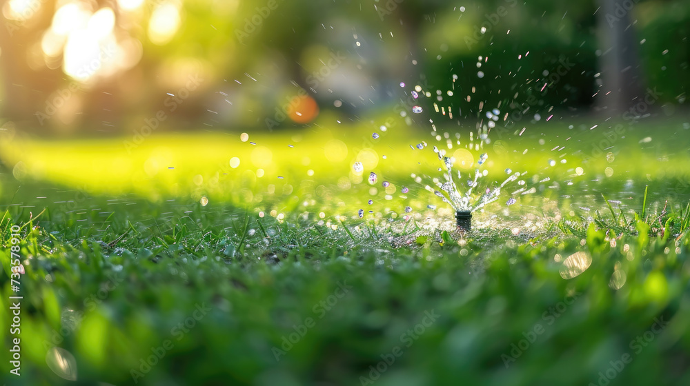 Automated lawn sprinkler efficiently waters lush green grass for a vibrant landscape. Ai Generated - obrazy, fototapety, plakaty 