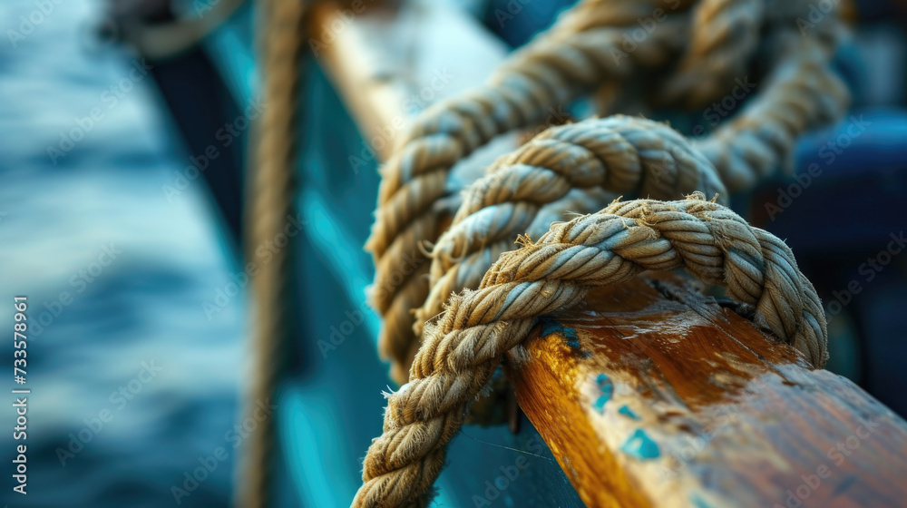 Rope tied to ship, close-up view reveals nautical details and maritime charm. Ai Generated