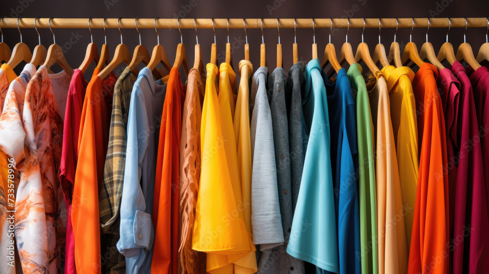 Vibrant array of clothes on display, a kaleidoscope of fashion possibilities. Ai Generated Vibrant array of clothes on display, a kaleidoscope of fashion possibilities. Ai Generated