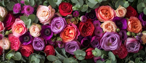 Assorted vibrant flowers in lavender purple and red shades available at the florist shop: roses, ranunculus, tulips, eucalyptus, eustoma, mattiolas, and carnations.