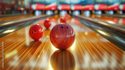 Bowling ball crashes into pins, achieving a satisfying strike on alley. Ai Generated