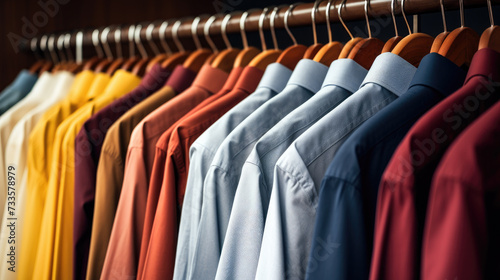Neatly hung men's shirts in close-up, organized within the closet. Ai Generated