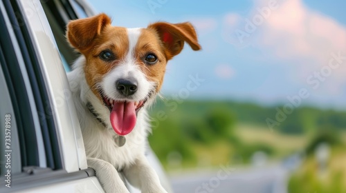 A joyful dog with its head out of the car window, basking in the exhilarating freedom and excitement of the ride, Ai Generated.