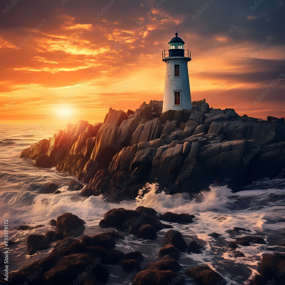 Coastal lighthouse at sunset. 