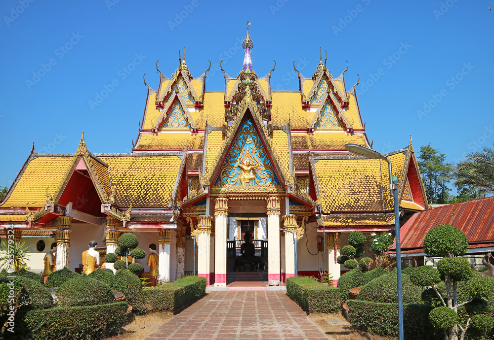 Stunning Facade of Wat Mon Temple or Wat Wang Wiwekaram in Sangkhlaburi District, Kanchanaburi, Thailand Stunning Facade of Wat Mon Temple or Wat Wang Wiwekaram in Sangkhlaburi District, Kanchanaburi, Thailand
