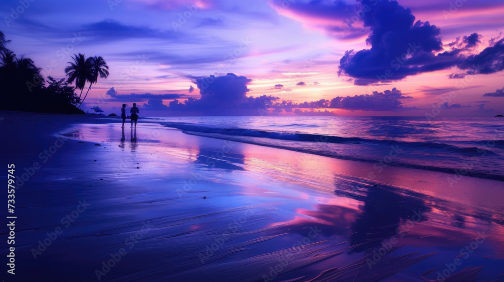 As dusk falls, the beach becomes a canvas of purple and blue serenity