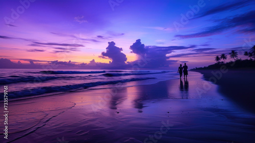 As dusk falls, the beach becomes a canvas of purple and blue serenity