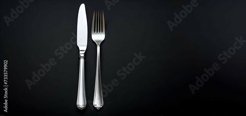 Fork and knife are presented on a dark background from top view representing cutlery