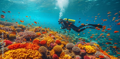 Scuba diver explores vibrant coral reef teeming with fish © Archil