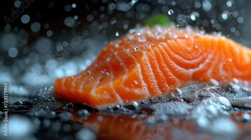 Fresh salmon fillet with water droplets, close-up