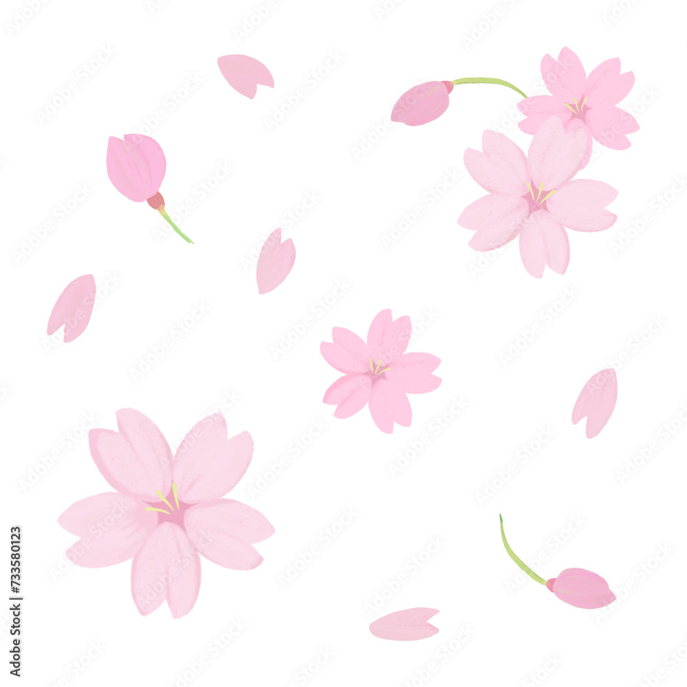 舞い散る桜の花と花びら、蕾のイラスト素材セット、アナログ手描き風味