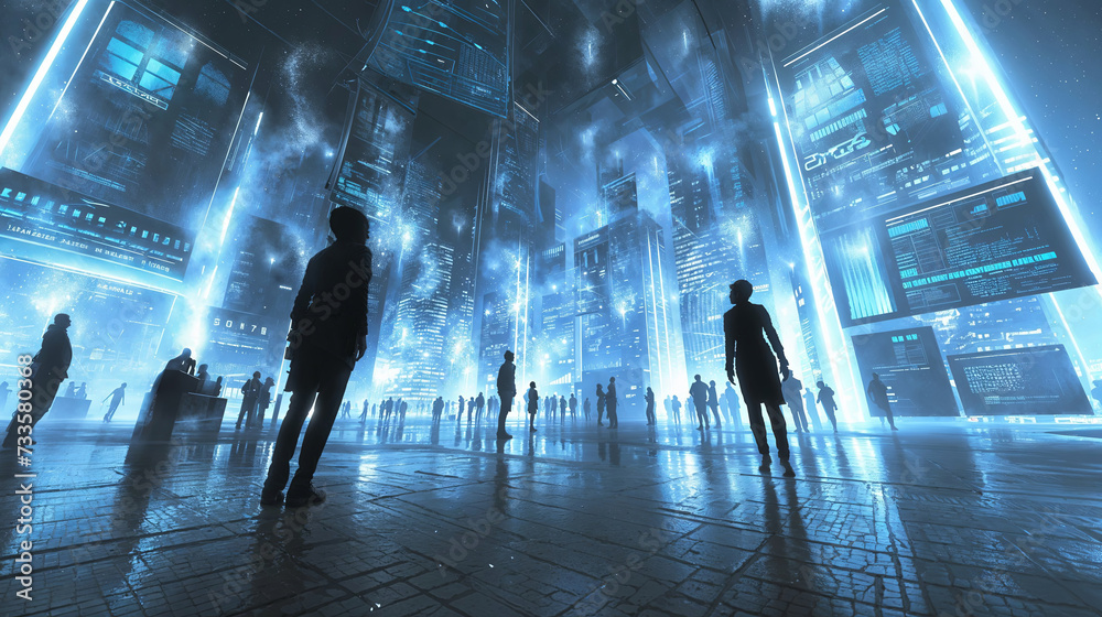 Futuristic Urban Plaza with Silhouetted Figures