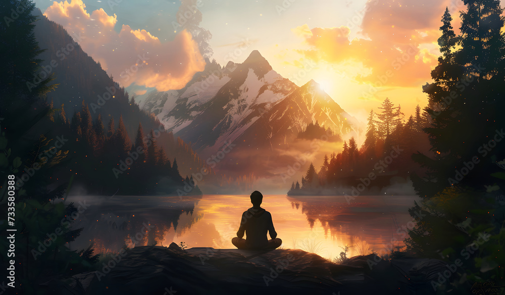 A serene silhouette of a person meditating in a lotus position on top of a mountain, with the sunrise amidst the surrounding peaks. - obrazy, fototapety, plakaty 