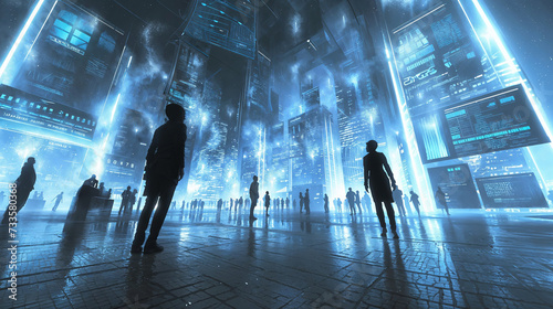 Futuristic Urban Plaza with Silhouetted Figures