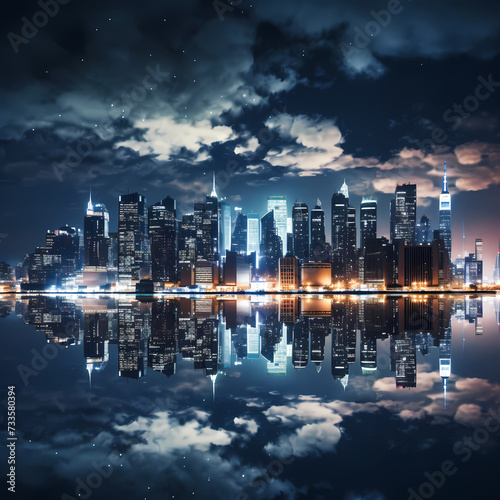 Nighttime skyline with city lights.