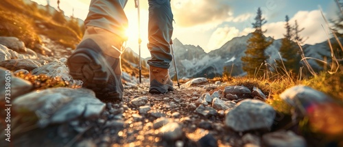 Hiker footwear on a rocky path with mountain landscape in the background Generative AI