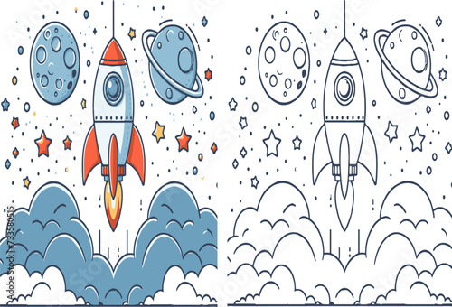 Cute and funny coloring page of a rocket. Suitable for little kids and toddlers.