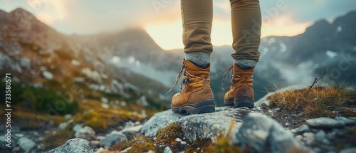 Hiker footwear on a rocky path with mountain landscape in the background Generative AI © Nakarin