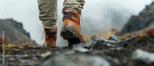 Hiker footwear on a rocky path with mountain landscape in the background Generative AI