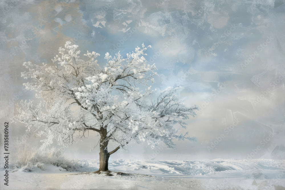 An icy tree stands as a silent sentinel in a snow-covered realm
