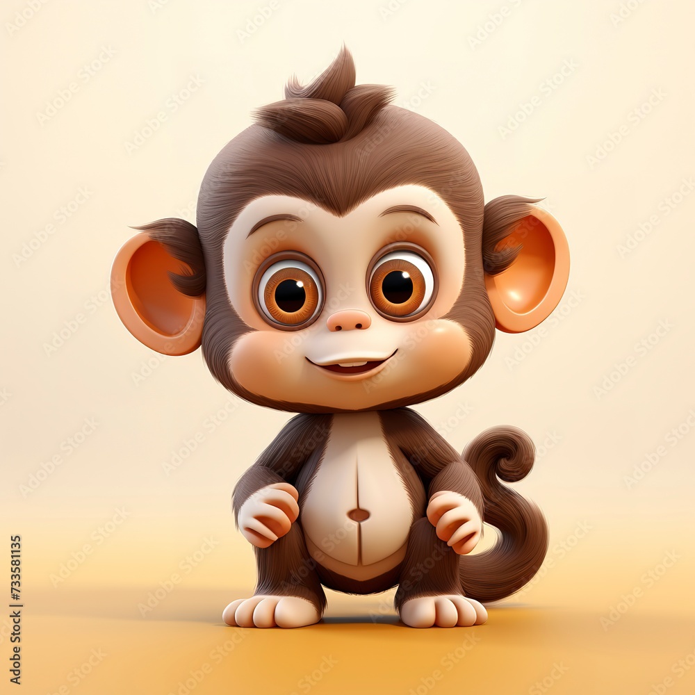 flat logo of Cute baby monkey with big eyes lovely little animal 3d rendering cartoon character 