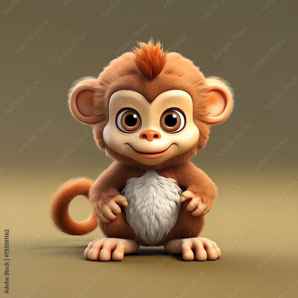 Fototapeta premium flat logo of Cute baby monkey with big eyes lovely little animal 3d rendering cartoon character