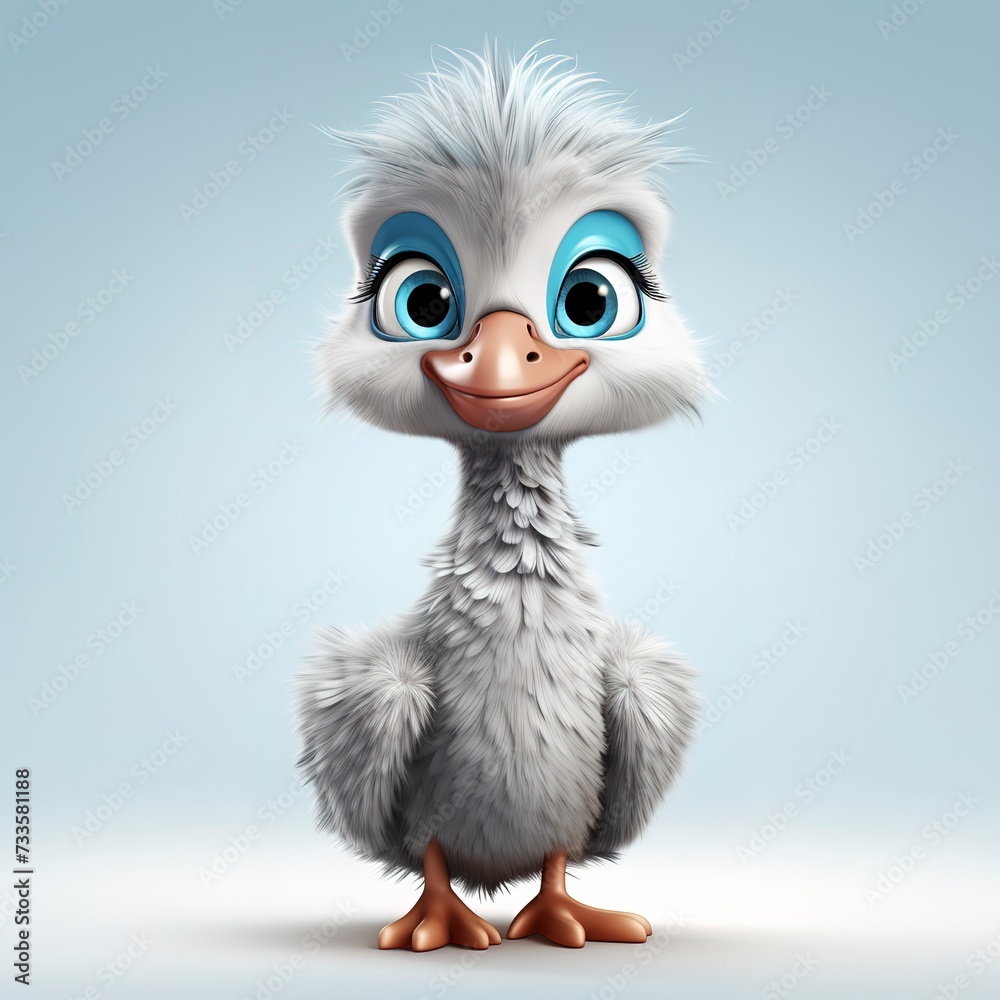 Fototapeta premium flat logo of Cute baby Ostrich with big eyes lovely little animal 3d rendering cartoon character 