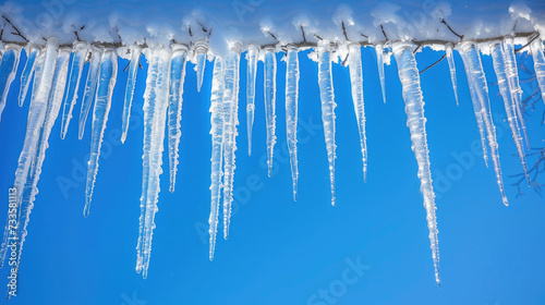 Icicles gleam like crystal daggers under a wintry blue sky