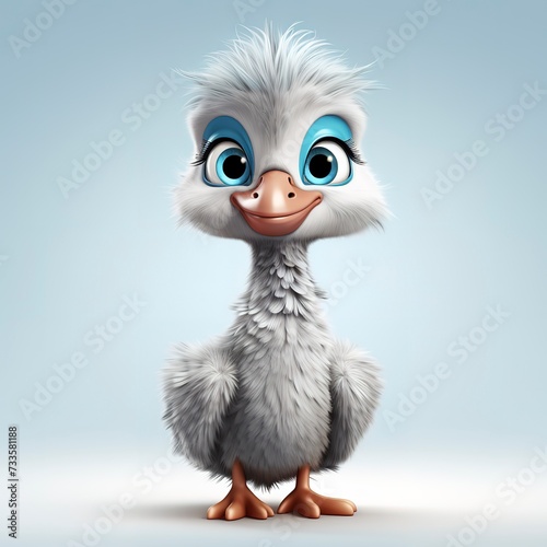 flat logo of Cute baby Ostrich with big eyes lovely little animal 3d rendering cartoon character 