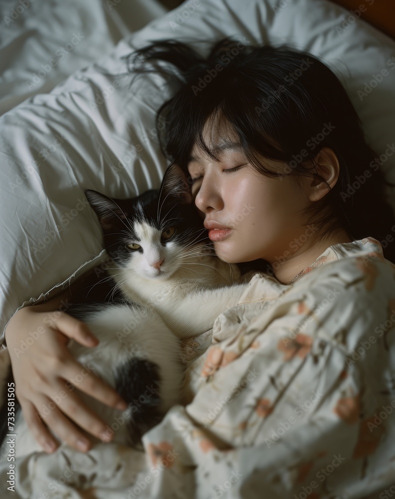 Smiling woman peacefully sleeps on a cozy bed with her beloved cat