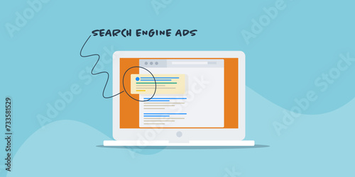 Sponsored listing ads display on top of organic search results, search engine advertising on laptop screen concept, vector illustration.