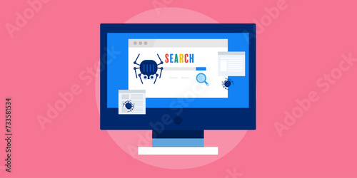 Search engine crawler fetching internet website data, web browser technology concept, vector illustration.
