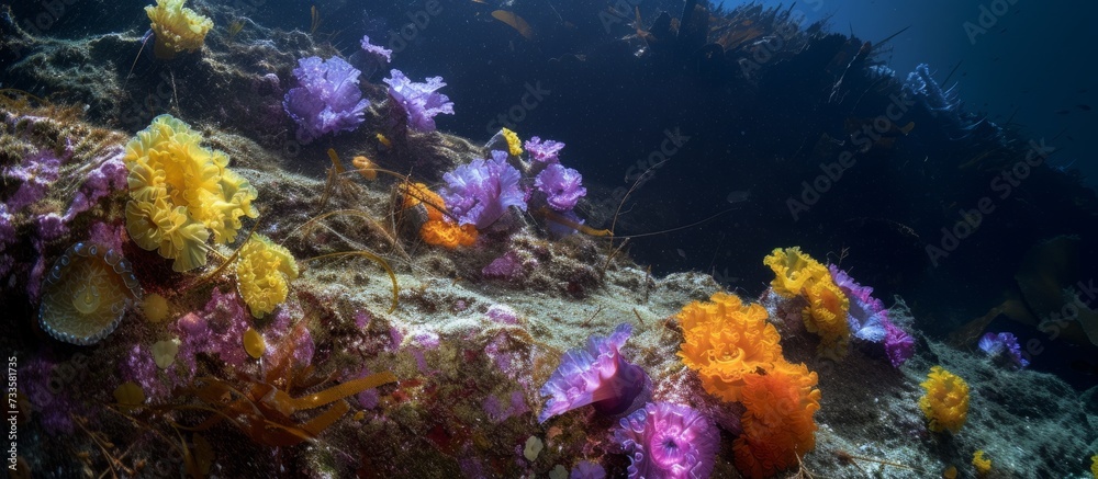 Fototapeta premium Vibrant Pacific Nettle: A Tranquil Seafloor Delight Featuring Chrysaor fuscenscens